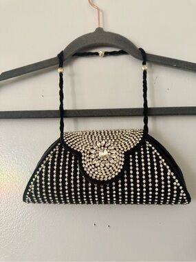 Vintage Beaded Rhinestone Evening Clutch Bag Black Silver Formal Wedding Prom